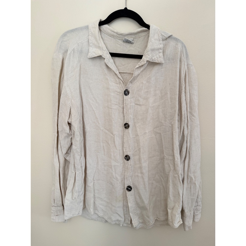 CP Shades Linen Rayon Button Down Shirt Oatmeal Beige Long Sleeve Small